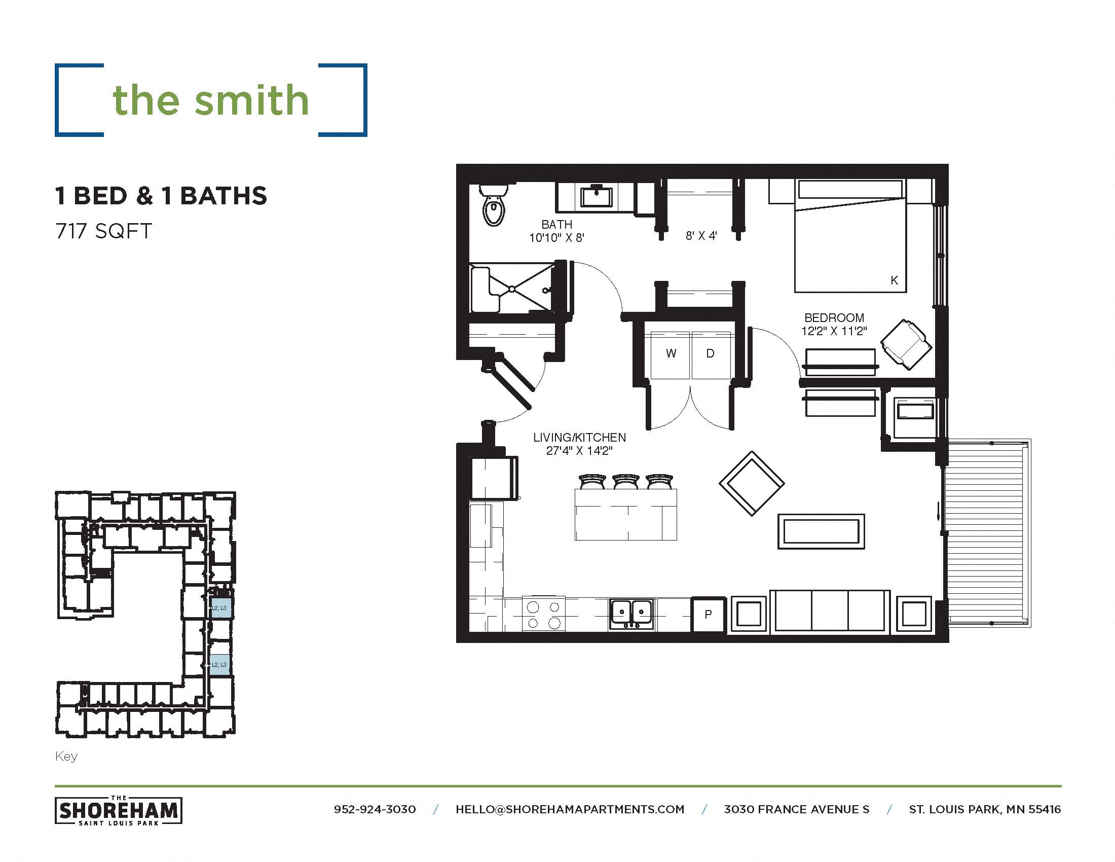 Floor plan for 1 bed, 1 bath, 717 sqft